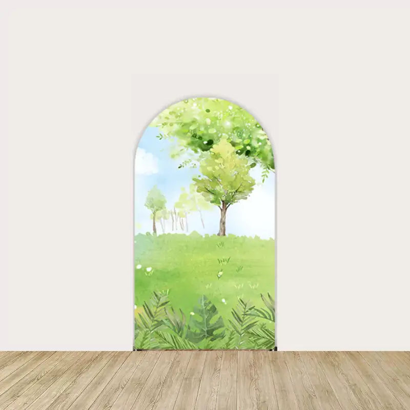 Left panel with green grass, tall leafy trees, and light sparkles representing a calm jungle background.