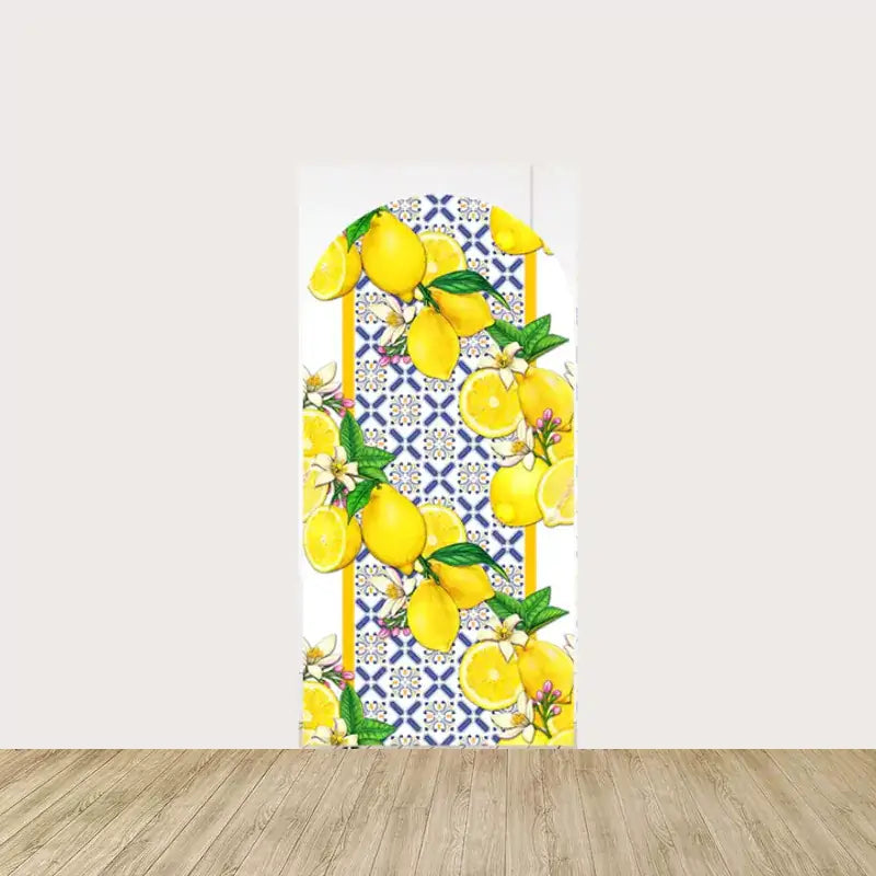 Arch panel featuring fresh yellow lemons on green branches over a blue and white tile pattern—ideal for summer or Mediterranean-themed parties.