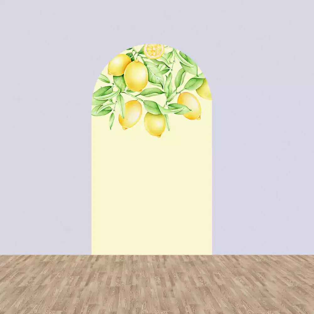 Left arch panel with soft yellow background and watercolor lemon branch with green leaves—perfect for a citrus-themed event.