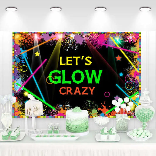 Let’s Glow Crazy neon party backdrop with colorful lights and splatter design on a black background.