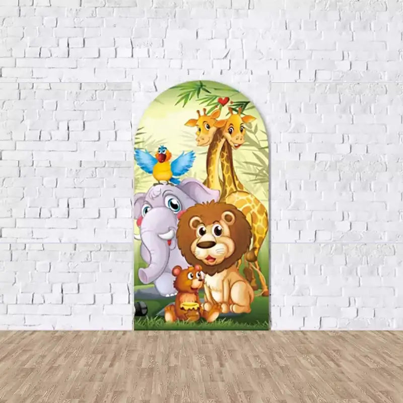 Center arch featuring a smiling lion, baby bear, elephant, and two giraffes with palm leaves and sunshine—great for jungle-themed parties.