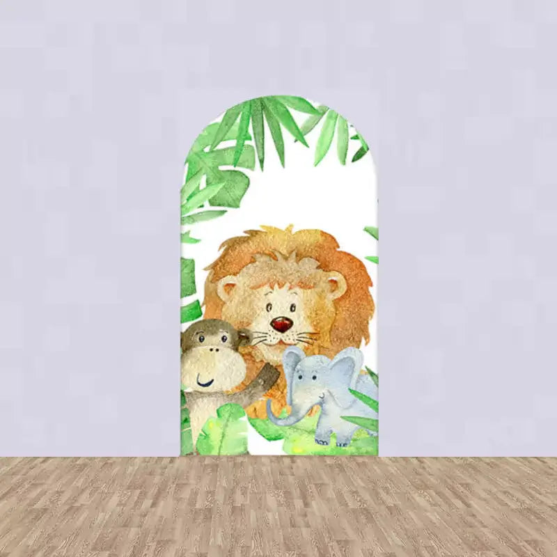 Center panel featuring lion, monkey, and elephant in front of lush green jungle leaves – perfect for wild one or safari birthday decor.