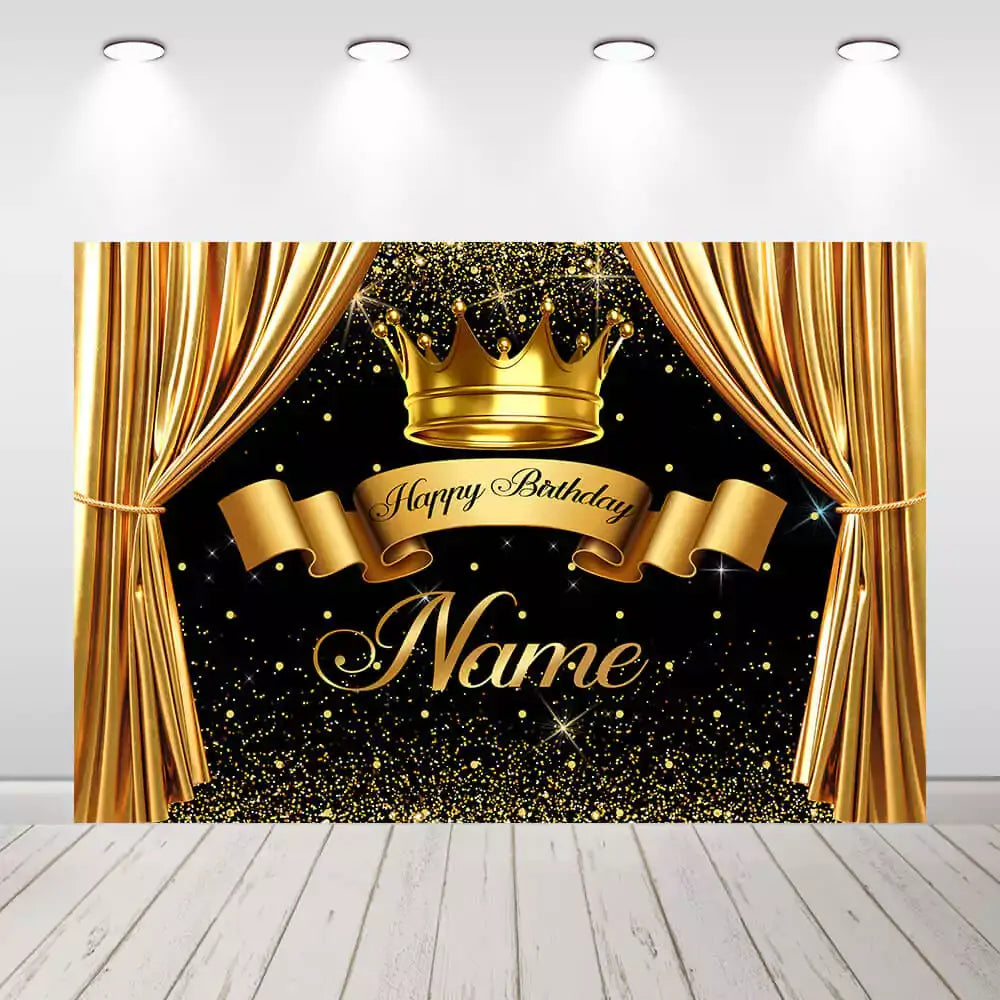 Luxury birthday backdrop with golden crown, sparkling black background, and elegant gold curtains – customizable with name for royal birthday celebrations