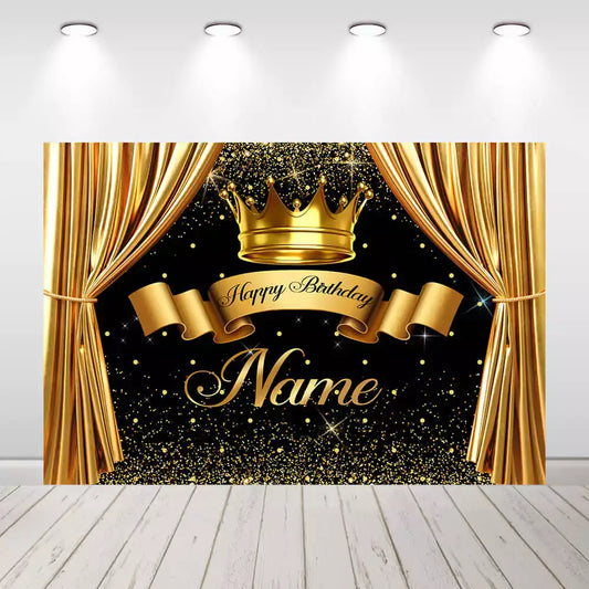 Luxury birthday backdrop with golden crown, sparkling black background, and elegant gold curtains – customizable with name for royal birthday celebrations