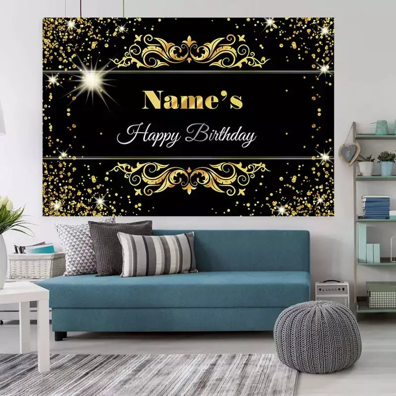 Black and gold birthday party banner featuring sparkling lights, royal scroll borders, and space for custom name – ideal for adults or milestone birthdays.