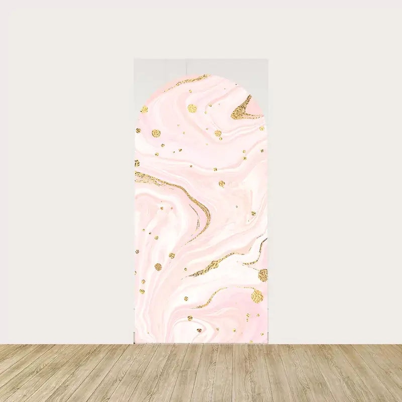 Right panel with swirling pink marble and gold accents, enhancing the luxurious feel of the decor.