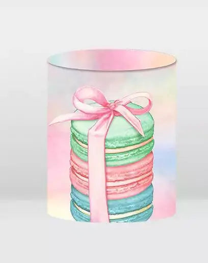 pastel macaron stack backdrop cylinder cover with pink ribbon
