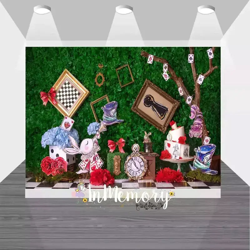 Whimsical tea party backdrop inspired by Alice in Wonderland with checkered floor, clocks, hats, roses, and a white rabbit design