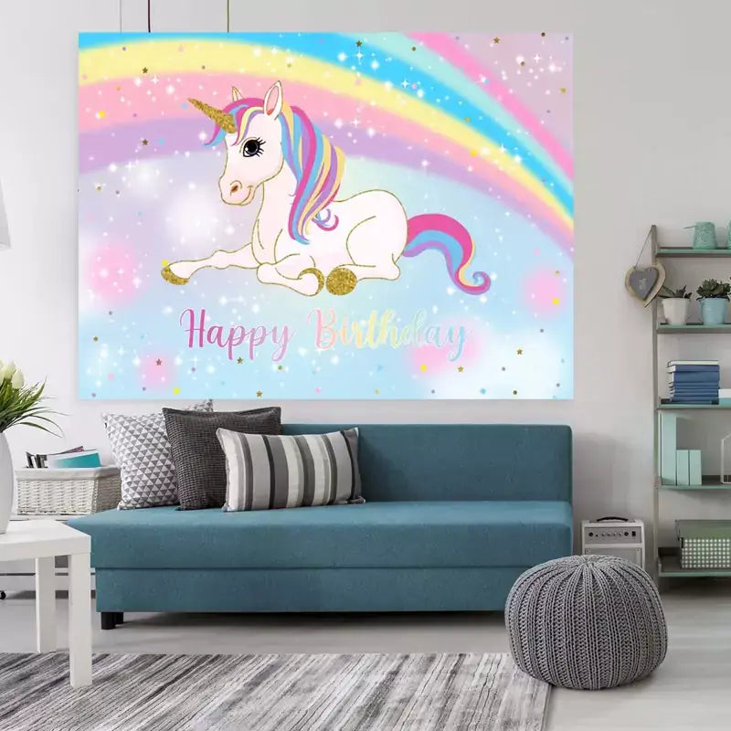 Unicorn-themed birthday backdrop with colorful rainbow, sparkly stars, and cute unicorn in pink and gold – perfect for little girls' parties.