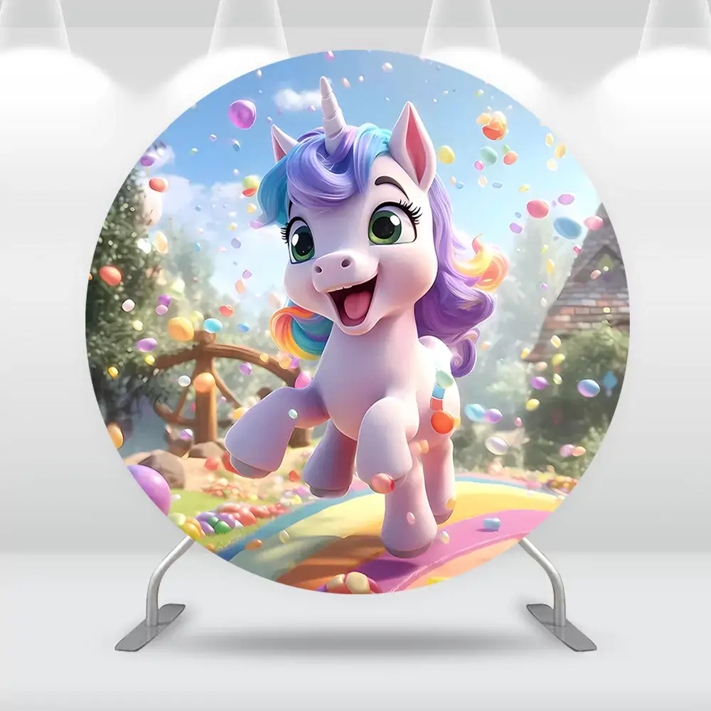 Round unicorn-themed backdrop featuring a vibrant rainbow, playful confetti, and a magical unicorn design, perfect for kids’ birthday party decor.