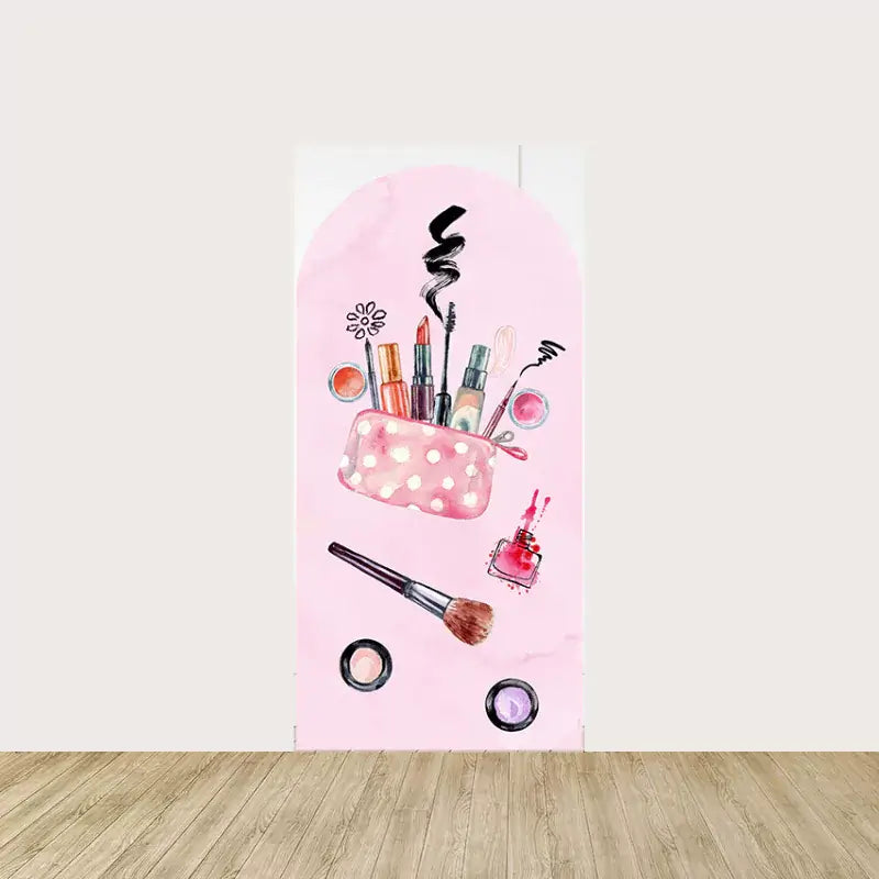Pink backdrop with a makeup bag containing lipsticks, brushes, and blush. Scattered beauty essentials add a fun and glamorous touch.