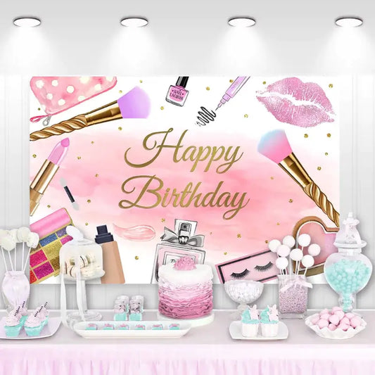 Happy Birthday backdrop with pink makeup theme, brushes, lipstick, and perfume illustrations.