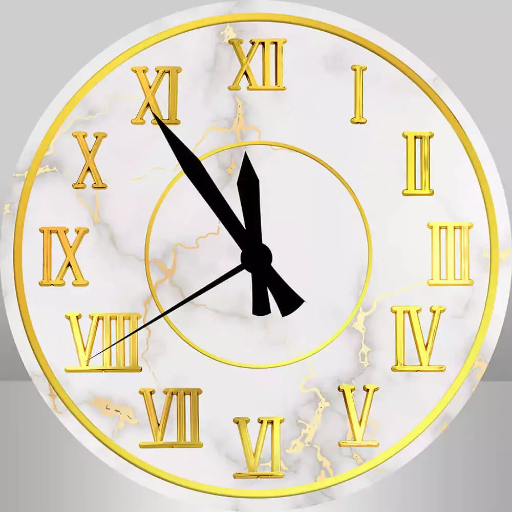 Marble clock backdrop with gold Roman numerals and black clock hands for event decoration
