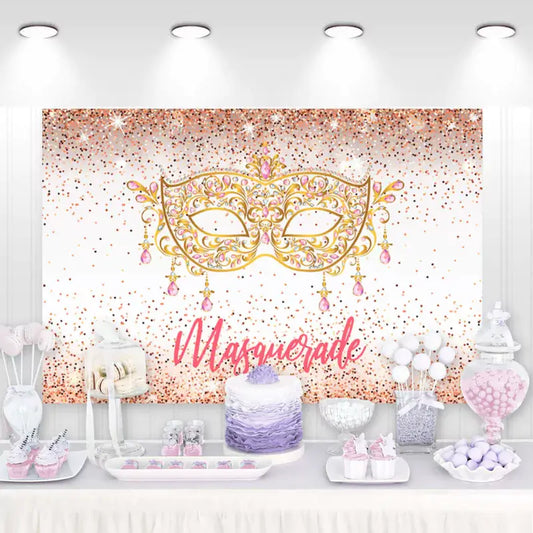 Elegant masquerade party backdrop with a golden mask and rose gold glitter accents – perfect for an elegant and glamorous masquerade celebration.
