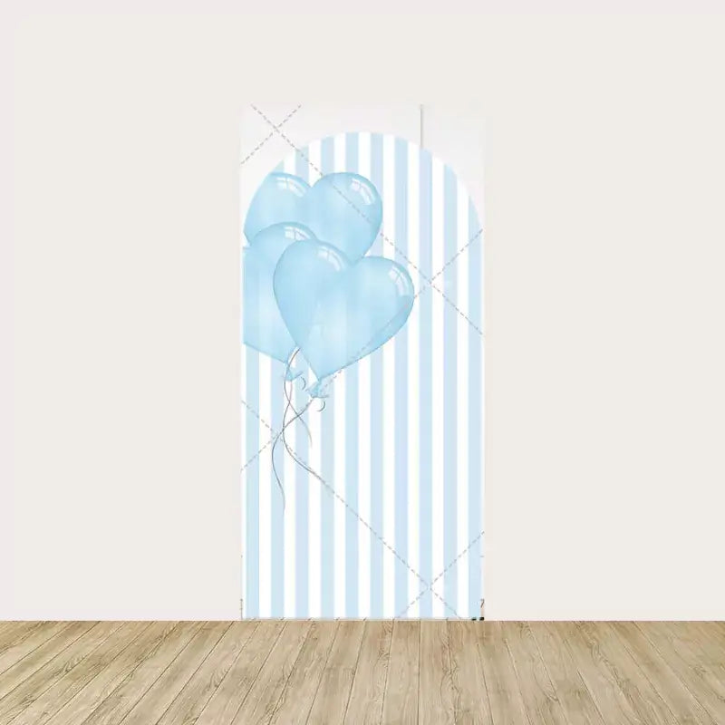 Left panel with pastel blue heart balloons over vertical blue and white stripes—representing the “Menino” (boy) side for a gender reveal celebration.