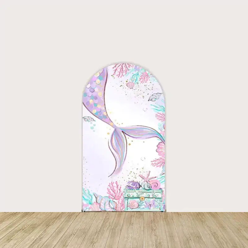 Arch backdrop featuring a colorful mermaid tail with underwater coral, bubbles, and a treasure chest—perfect for girl’s birthday or sea party themes.