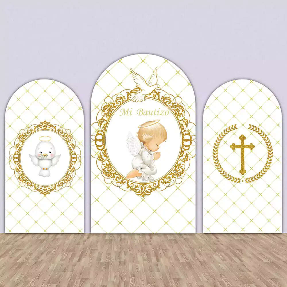 Three-panel “Mi Bautizo” backdrop featuring gold accents, a praying baby angel, dove, and golden cross on a white patterned background.