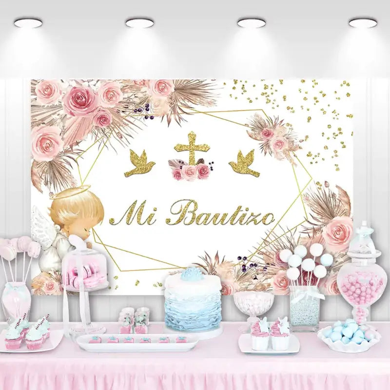 Mi Bautizo backdrop with gold glitter cross, doves, and pink floral decorations for baby baptism.
