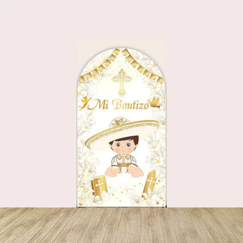 Left arch featuring a baby boy in sombrero, Bible and gold cross motifs, with “Mi Bautizo” text and floral border.