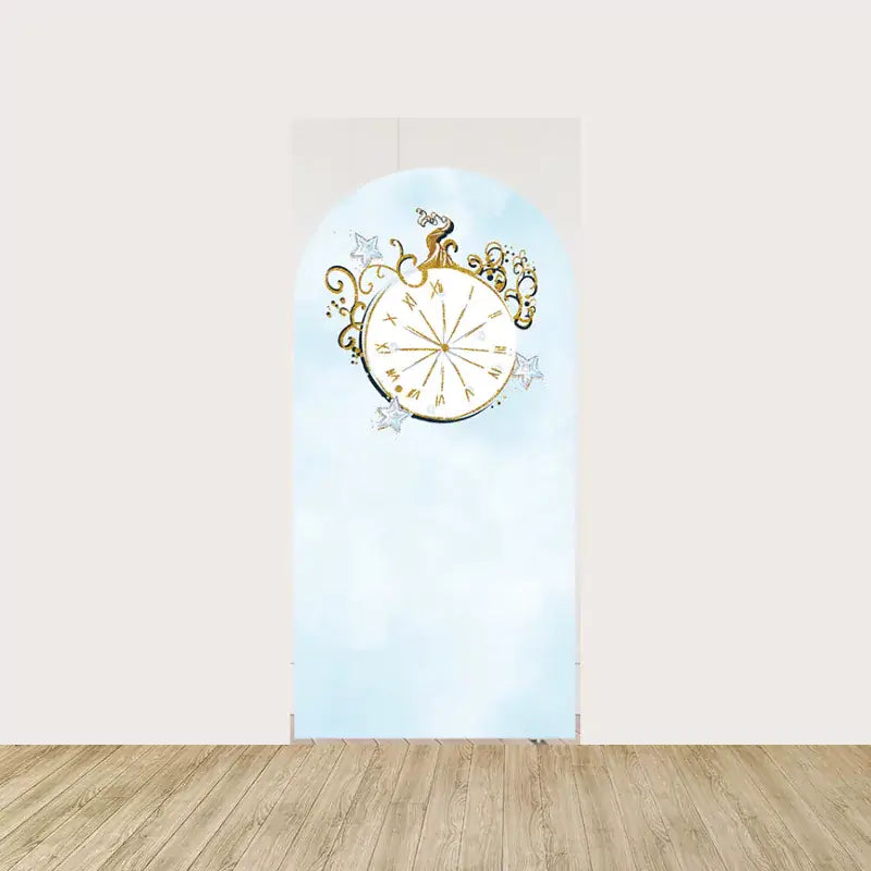 Arch panel with a gold Cinderella-style clock at midnight on a soft blue background—storybook detail for royal party backdrops.