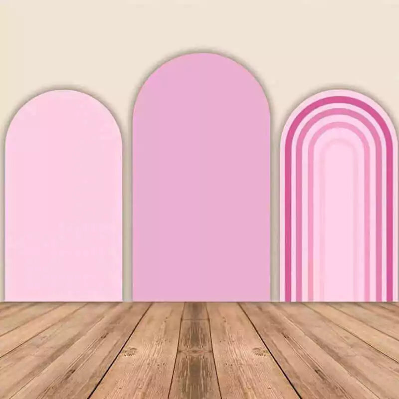 Minimalist pink backdrop set with solid and gradient pink arches, perfect for baby showers, birthdays, or elegant event themes.