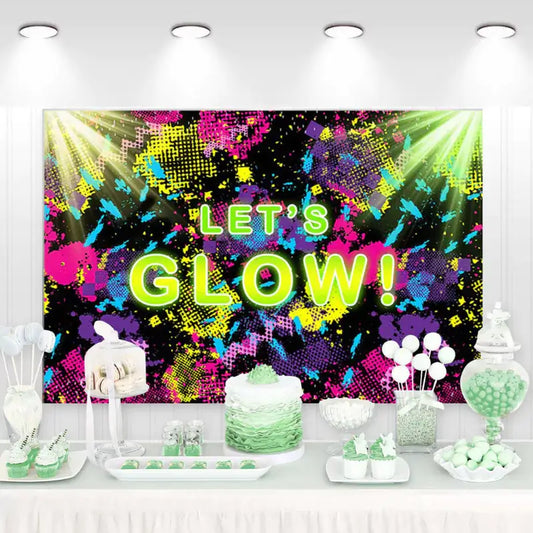 Neon ‘Let’s Glow’ party backdrop with colorful splatter and blacklight effect – perfect for glow-in-the-dark parties.