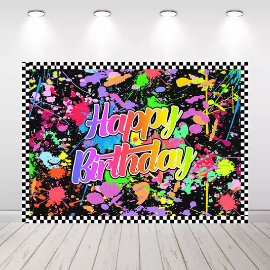 Neon paint splatter birthday backdrop with bold rainbow colors, checkered border, and black background – perfect for 80s, 90s, or glow-themed parties
