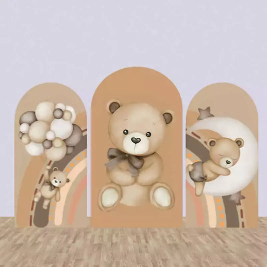 Three-panel teddy bear arch backdrop in neutral brown tones featuring bears with balloons, a seated bear, and a sleeping bear on the moon with rainbows.