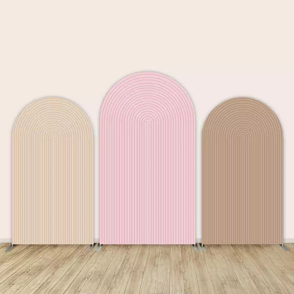 Three minimalist Chiara arch backdrops in nude beige, pastel pink, and cocoa brown with concentric groove patterns—ideal for modern baby showers or events.