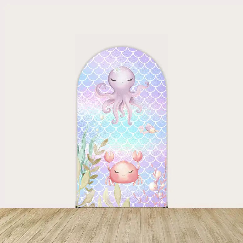 Center panel featuring a lavender octopus and crab with pastel scales, seaweed, and small fish—magical mermaid or ocean-themed backdrop.