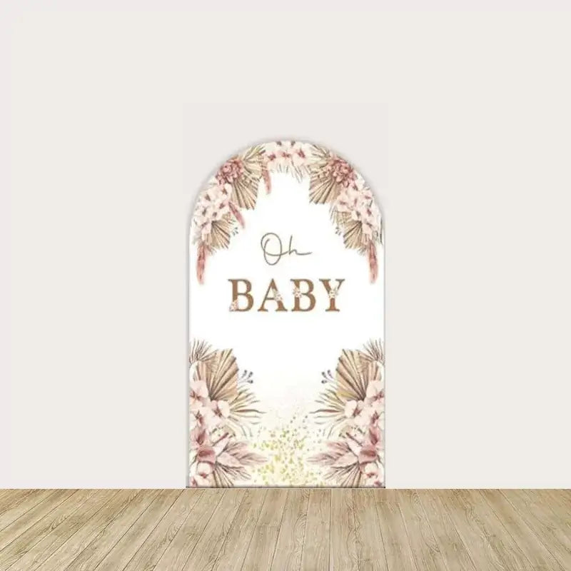 Left panel featuring “Oh Baby” text surrounded by blush pink flowers and dried pampas grass in neutral tones—perfect for a boho baby shower.