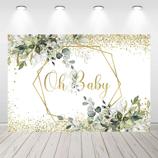 Elegant Oh Baby backdrop with gold geometric frame, eucalyptus greenery, and gold confetti – perfect for baby showers or botanical-themed parties
