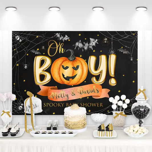 Halloween-themed baby shower backdrop with 'Oh Boy!' text, smiling pumpkin face, flying bats, spiderwebs, and stars – perfect for a spooky baby boy celebration.