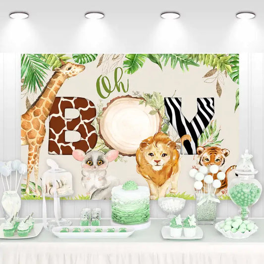 Oh Boy safari baby shower backdrop featuring jungle animals like giraffe, lion, tiger, and zebra with greenery and wood textures – perfect for baby boy celebrations.
