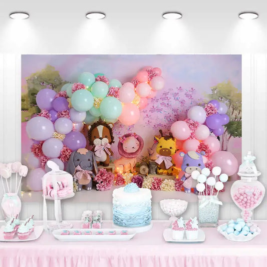 Pastel animal birthday backdrop featuring cute cartoon animals like elephant, horse, lion, giraffe, and hippo with pastel balloons and flowers – perfect for baby shower or first birthday