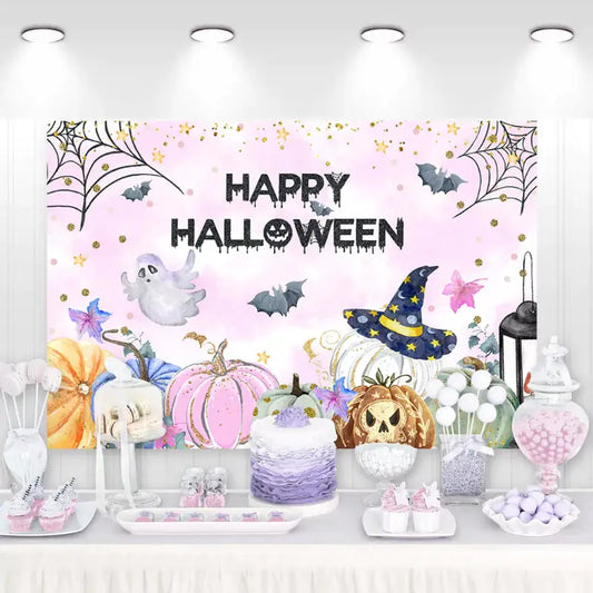Pastel pink Halloween backdrop featuring cute ghosts, bats, pumpkins, witch hat, and gold stars – perfect for a girly and spooky-chic celebration.