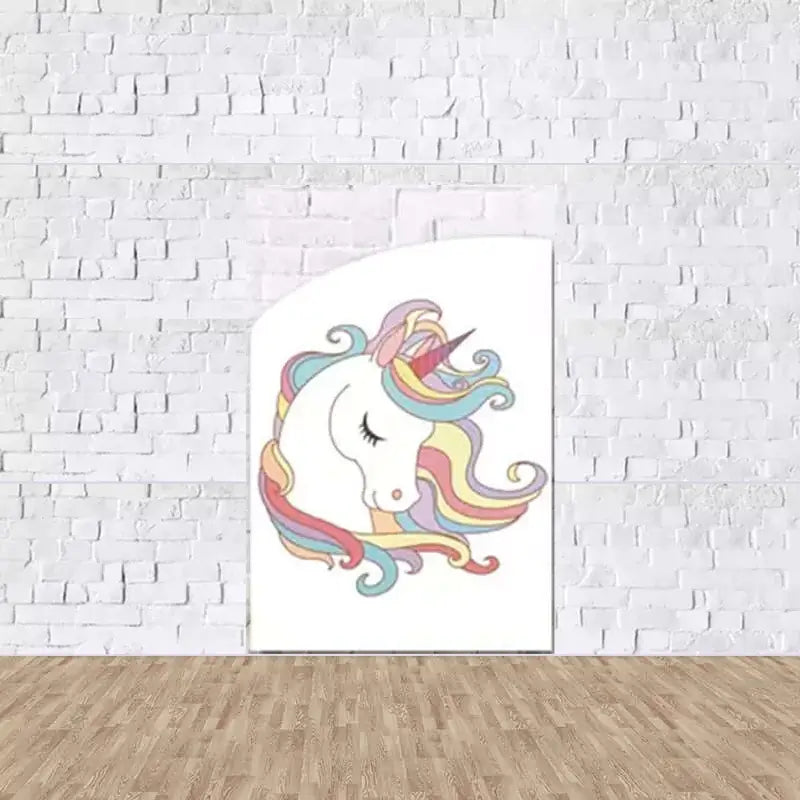 Left arch panel featuring a sleeping unicorn head with rainbow pastel mane on a white background—ideal for unicorn or fairytale-themed parties.