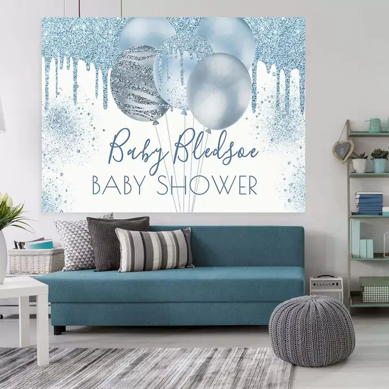 Elegant baby shower banner with blue and silver balloons, glitter splashes, and custom name – ideal for a boy’s baby shower party decor.