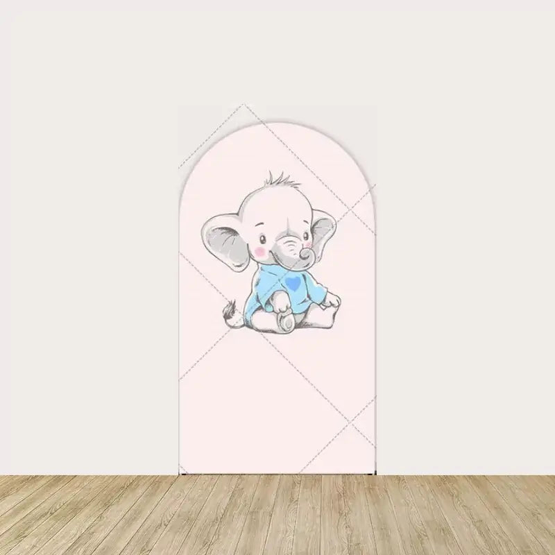 Center arch panel with a sitting baby elephant wearing a blue onesie with a heart on a pale pink background.