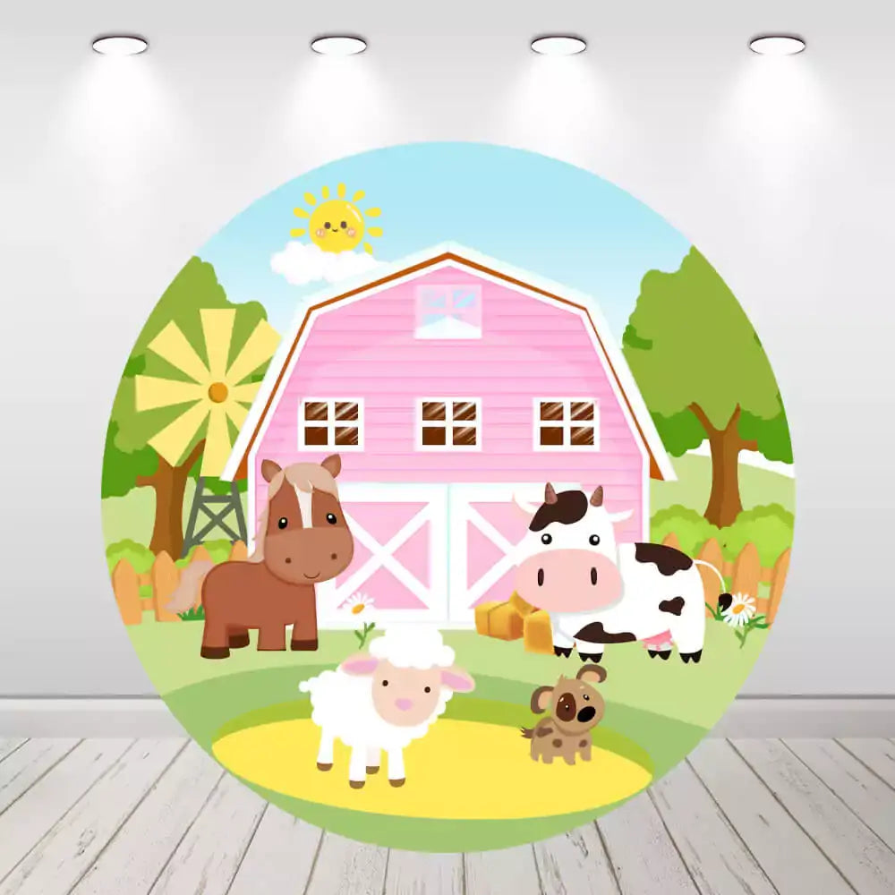Farm-themed birthday party backdrop featuring a pink barn, cow, horse, and sheep.