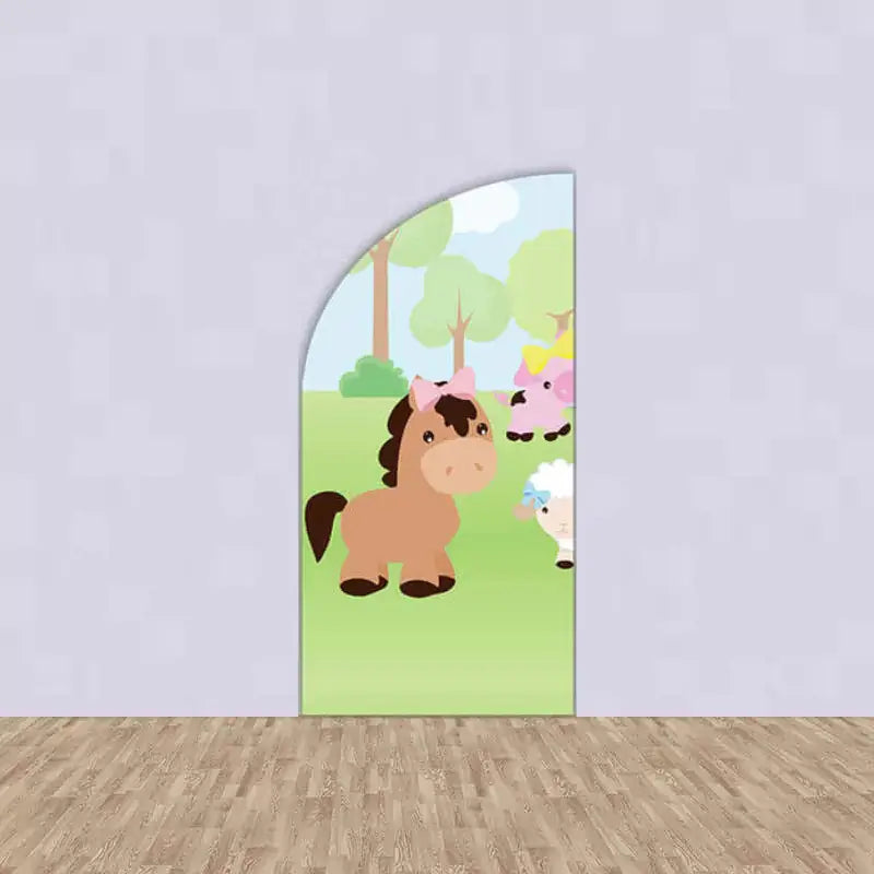 Left panel with cartoon horse wearing a bow, sheep, and a pink cow in a green field – perfect for farm girl birthday decor.