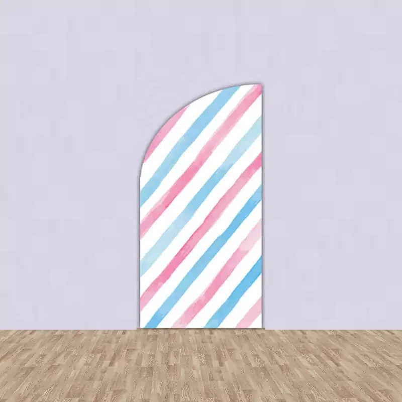 Left panel with diagonal pink, blue, and white stripes – a simple and stylish pattern for gender reveal or baby shower themes.