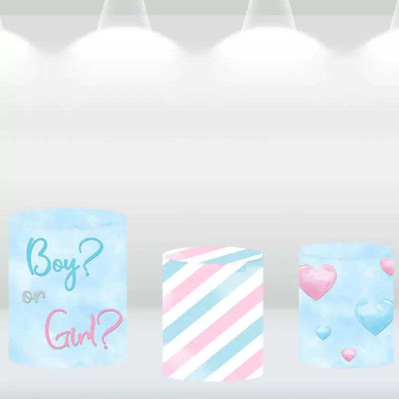 Three gender reveal backdrop cylinder covers in boy-or-girl, stripes, and heart designs