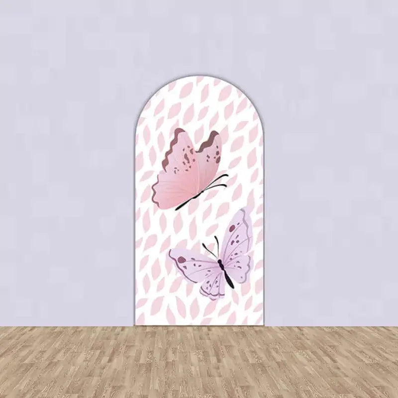 Right arch featuring two pink and purple butterflies over a soft pink leafy background—matches perfectly for floral or butterfly party themes.
