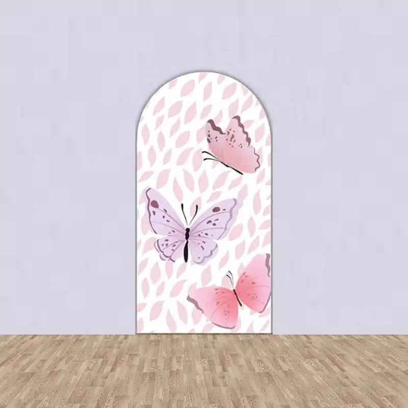 Left arch with three pink and purple butterflies flying over a light pink leaf pattern background—ideal for spring or garden party themes.