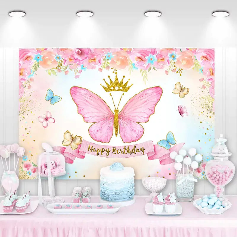 Pink butterfly birthday backdrop with a golden crown, watercolor butterflies, floral border, and glitter details – perfect for a princess-themed celebration.