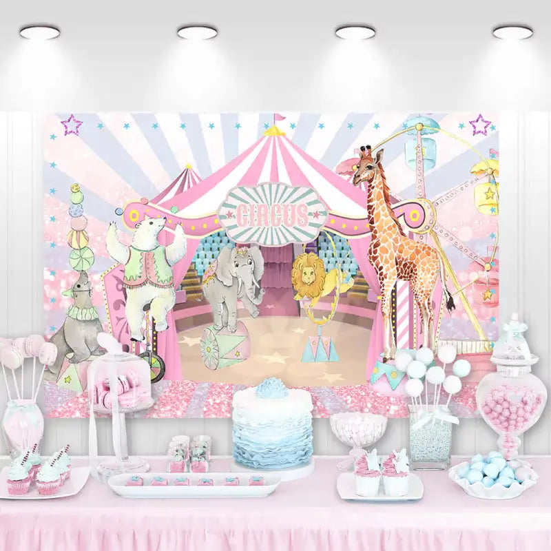 Pink circus birthday party backdrop with Ferris wheel, tent, lion, elephant, giraffe, and performing animals – perfect for girls’ carnival-themed celebrations.