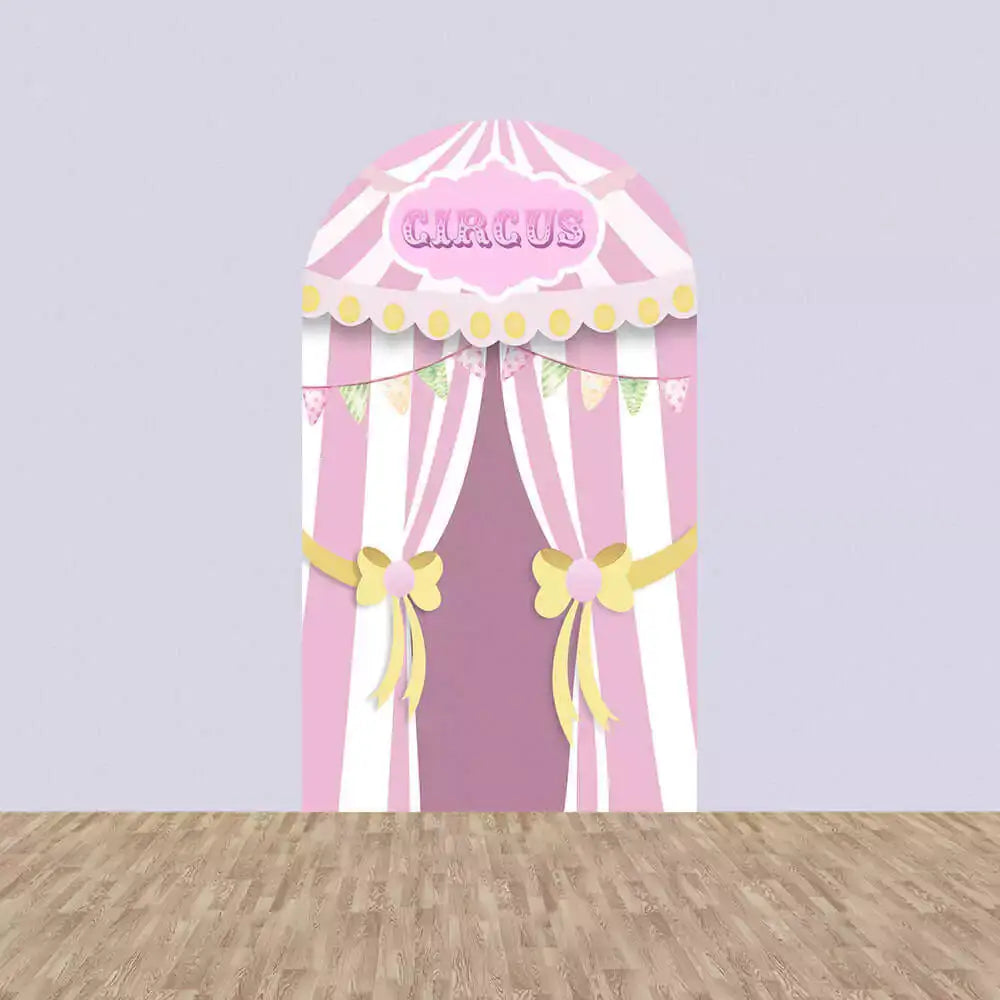 Center panel designed like a pink striped circus tent with curtain ties and a “CIRCUS” sign—ideal for carnival party backdrops.