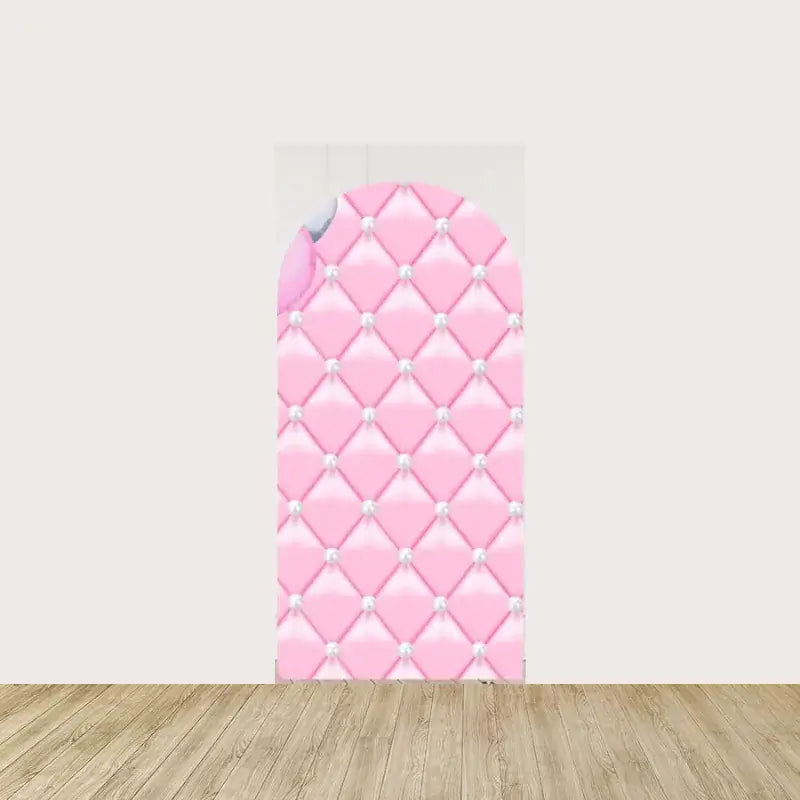 Arch panel with pink diamond-quilted pattern and pearl-like accents, matching the left side—ideal for soft and elegant girls’ birthday décor.