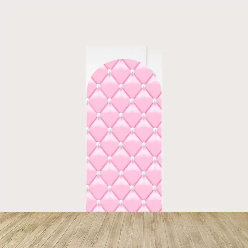 Arch panel with soft pink diamond-quilted pattern adorned with pearl-like accents—perfect for princess or teddy bear-themed parties.
